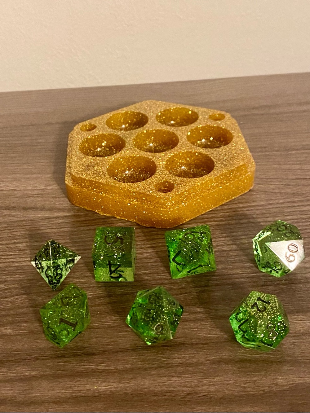 Gold Hexagonal Dice Tray with Green Glitter RPG Dice Set